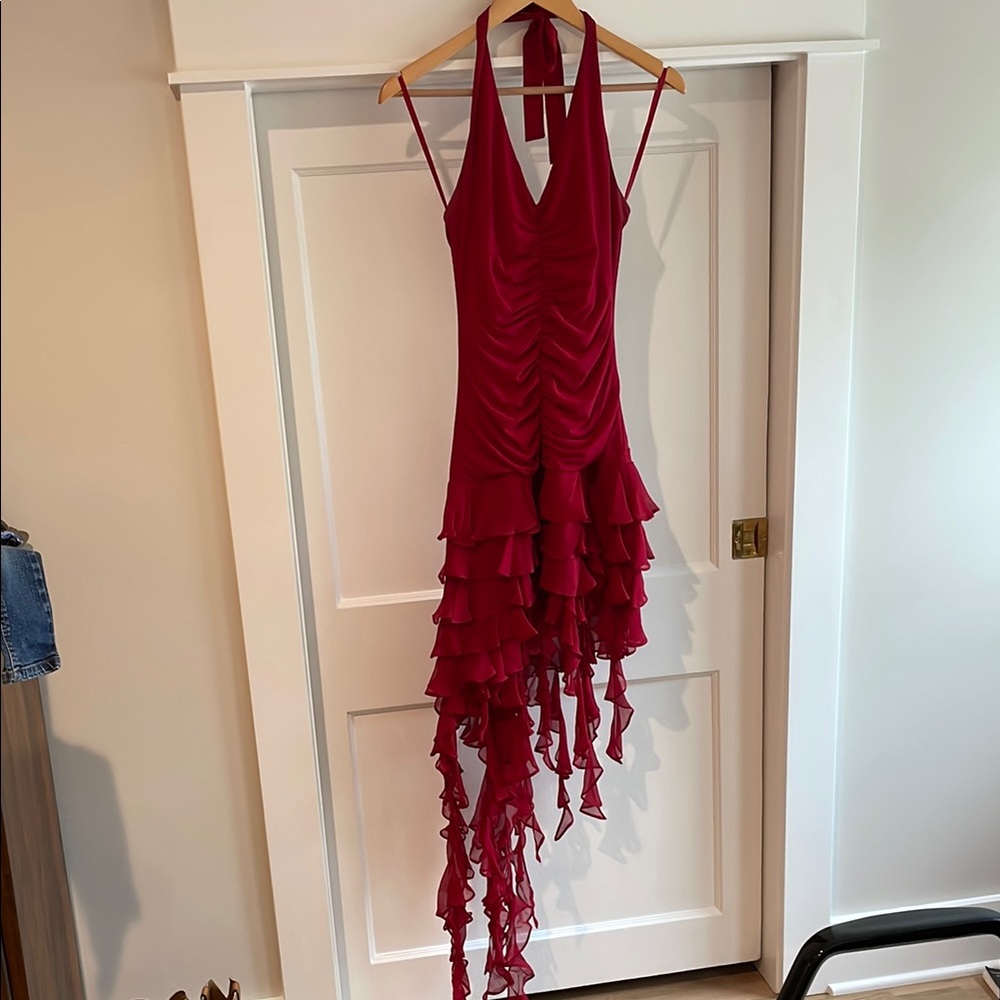 BCBGMaxAzria Red Ruffle Asymmetrical Cocktail Dress